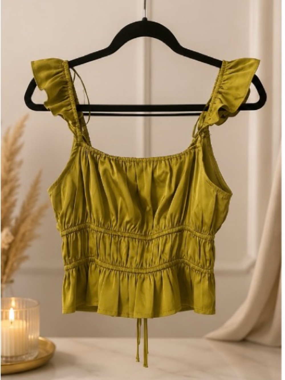 Mixed Threads Olive Green Ruffle Ruched Tie Front Top Size M. - Picture 2 of 3